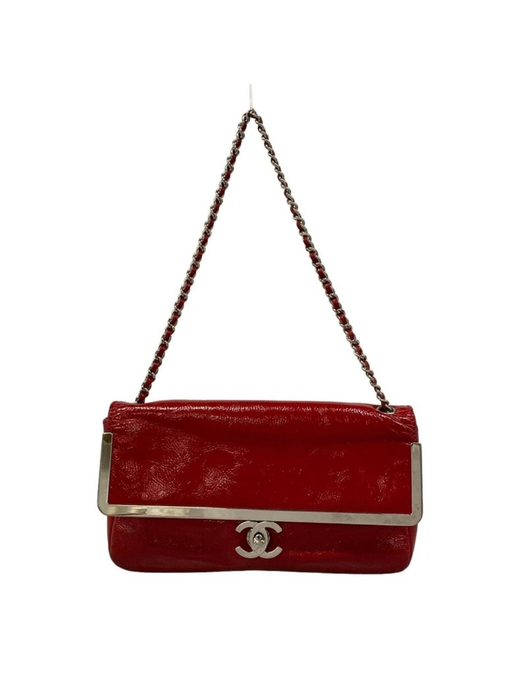 Chanel Shoulder Bag Red Silver Chain Leather
